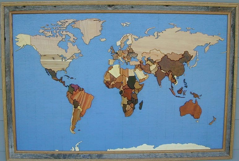 World map made of wood from each country